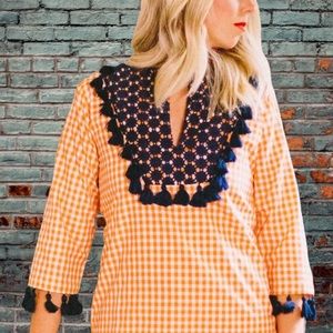 Elizabeth Wilson orange gingham and navy tassel blouse sz., Medium, NWT
